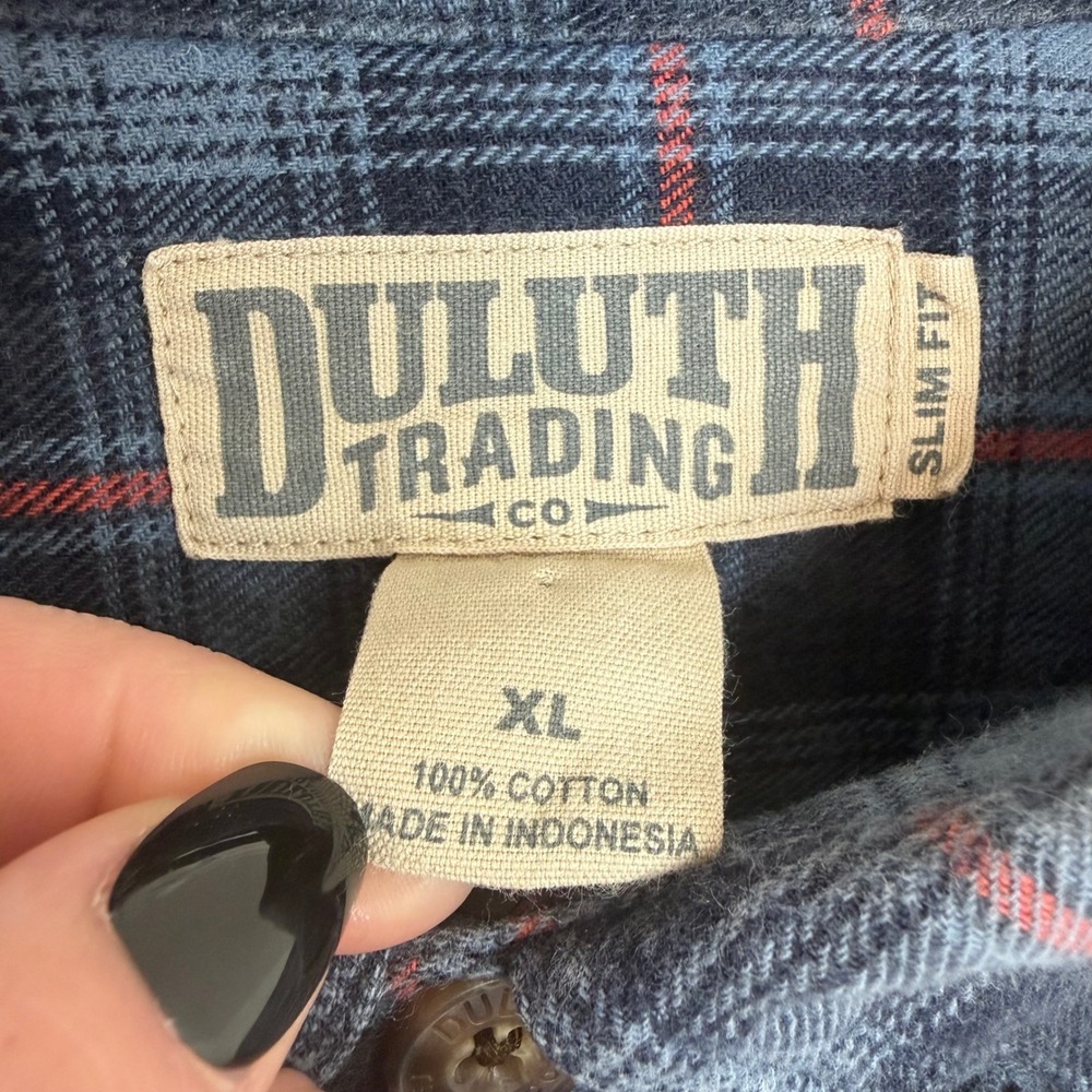 Duluth Trading Co XL Slim‎ Fit Free Swingin Flannel Slim Fit Shirt Blue Plaid - Picture 3 of 8